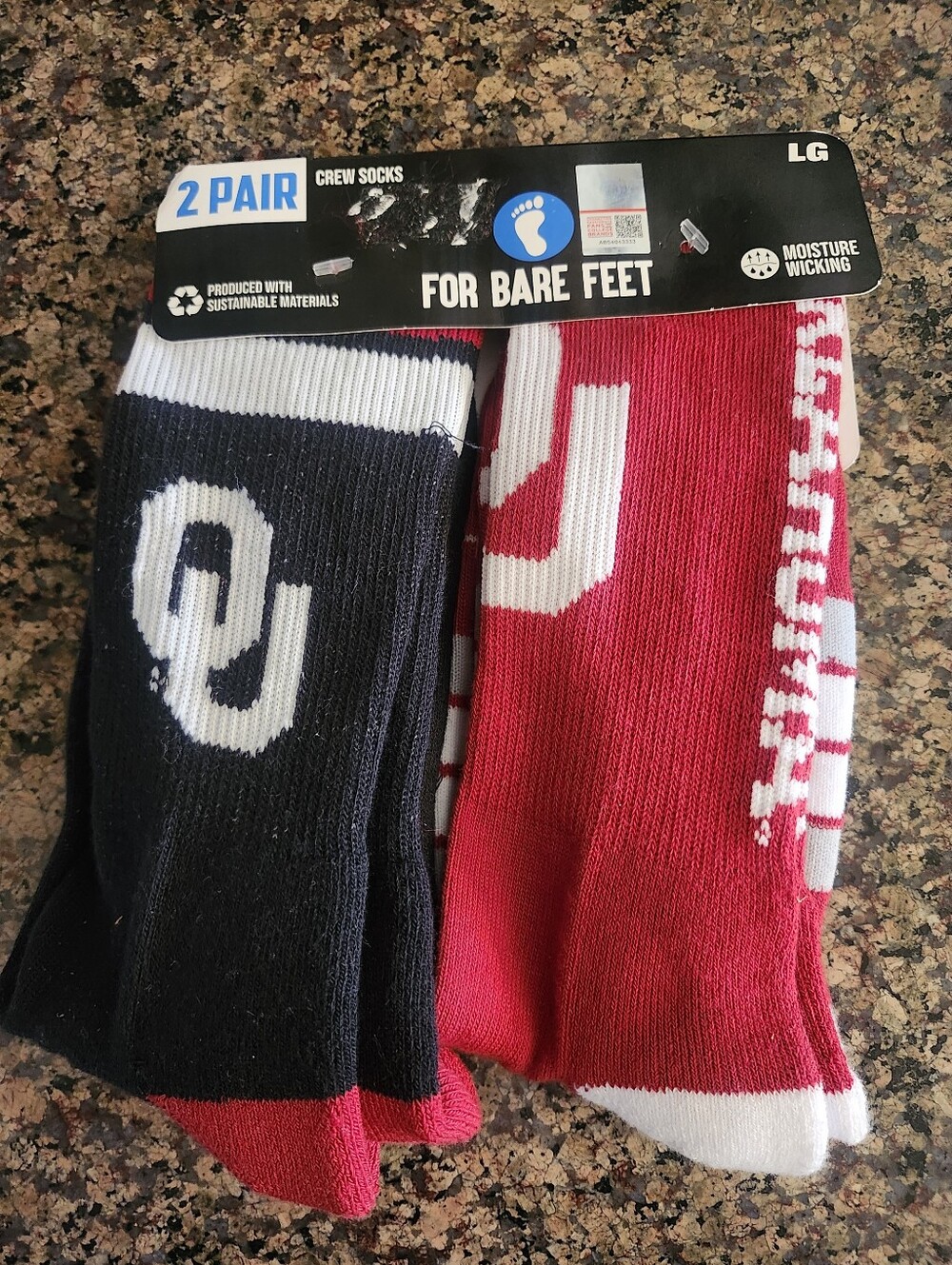 LG Athletic Crew Oklahoma SOONER Socks 2-Pack - Red & Black with White Accents